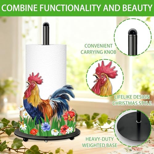 Rooster Paper Towel Holder, Rooster Decor for Countertop Cute Farmhouse Home Table, Housewarming Birthday Gifts for Farm