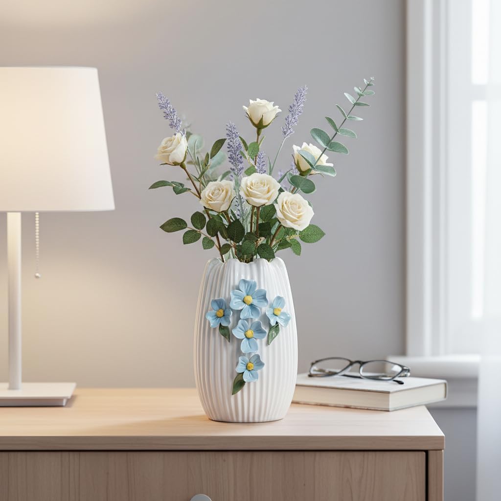 White Ceramic Vase / White and Light Blue / 7 Inch