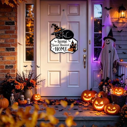 Halloween Decoration Wreath for Front Door Wooden Black Cat Door Decor