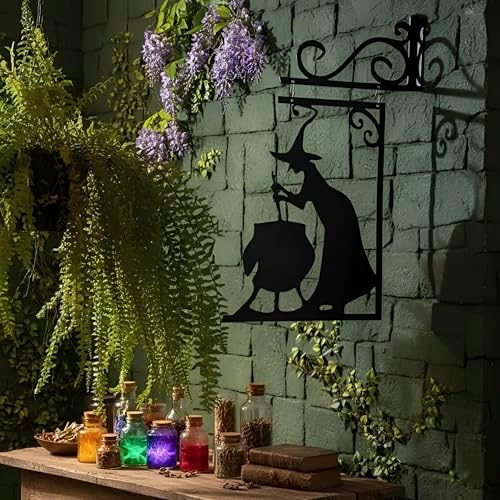 Metal Witch Silhouette Cauldron – Iron Halloween Wall Sign Hanging Art for Garden Decor, Scary Yard Ornaments, Party Supplies, Indoor Outdoor Decoration