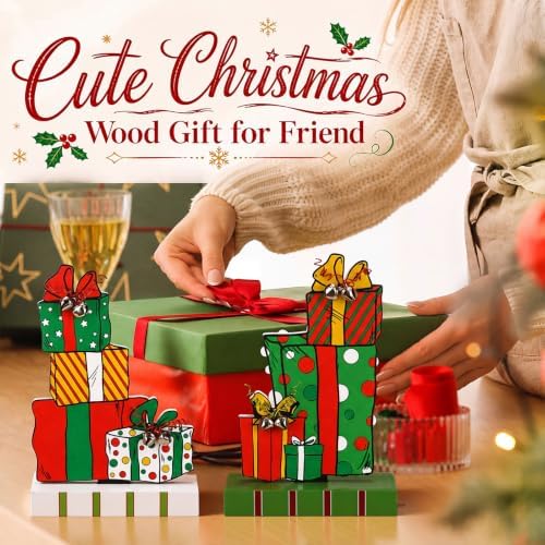 Amyhill 2 Pcs Christmas Table Decorations 5.9 Inch Xmas Gift Box Wood Signs