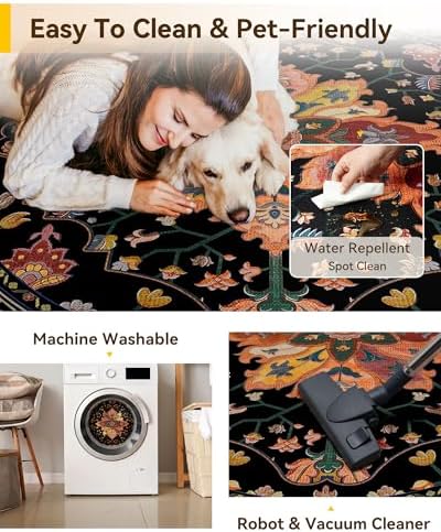 RELEANY Washable Area Rug, Round 7ft, Black/Colorful