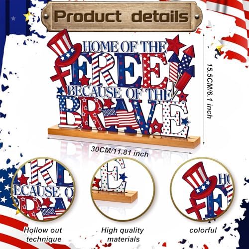 Cinnvoice Patriotic Memorial Table Decorations 11.8 Inch Metal 4th of July Sign Red White and Blue 250th Centerpieces with Wooden Base for Americana Veterans Day Party Supplies Shelf Office Home
