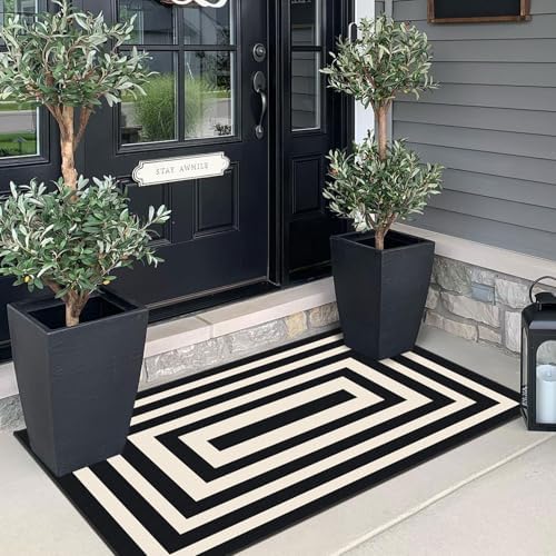 Front Door Mat Indoor Entrance 2x4.3 Modern Black White Striped Rug
