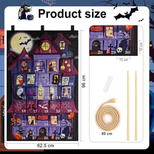 HOWAF Halloween Advent Calendar Haunted House Wall Hanging, 30 Days Countdown to Halloween Fabric Calendar with 30 Pockets, Spooky Castle Design Halloween Countdown Decor for Gifts Filling