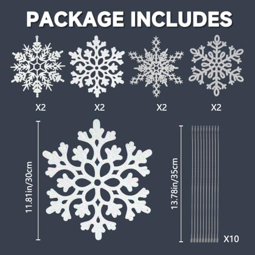 8pcs Large White Silver Snowflakes Ornaments Big Plastic Glitter Snowflake for Winter Indoor Outdoor Christmas Tree Window Room Decorations Giant Craft Snowflakes