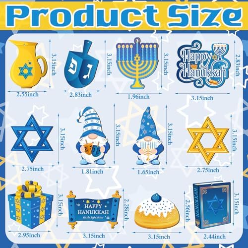 Qunclay 36 Pcs Hanukkah Ornaments Chanukah Wooden Hanging Ornament Star of David Menorah Gnome Happy Hanukkah Wood Pendant Blue Yellow Jewish Home Decorations for Christmas Tree Party Decor