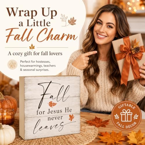 Fall For Jesus He Never Leaves Sign | Bold Script Leaf Wall Art