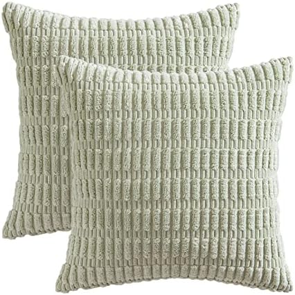 MIULEE Corduroy Decorative Throw Pillow Covers 18x18 Light Green Pack of 2