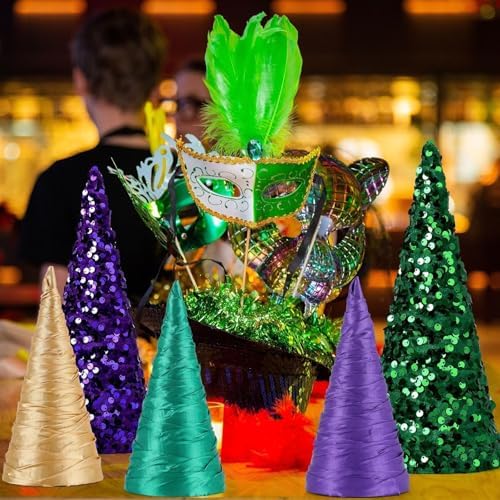 6 Pcs 12" 10" 6" Mardi Gras Table Centerpieces Mardi Gras Tiered Tray Signs Cone Tree Ornament Gold Green Purple Table Tree Decor for Mardi Gras Carnival Party Supplies and Decors