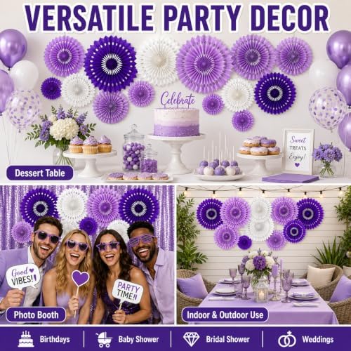 Purple White Hanging Honeycomb Round Paper Fans Halloween Decoration Kit for Baby Boy Shower Birthday Wedding Under The Purple Theme Photo Booth Backdrops Paper Party Supplies 11 Count