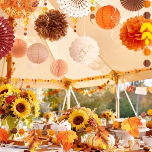 NICROHOME EUR Fall Thanksgiving Decor with Pom Poms Lanterns Fans Garlands