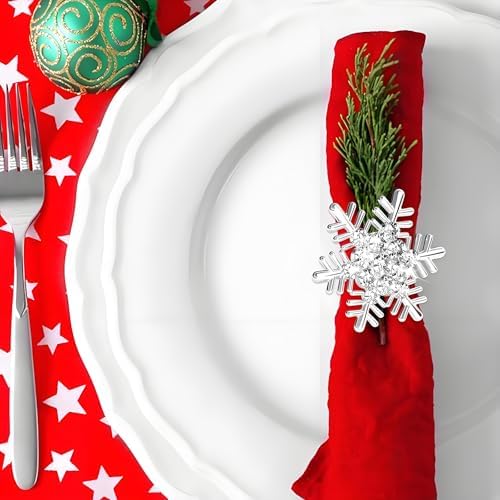 Christmas Silver Napkin Rings Set of 6, Metal Winter Snowflake Napkin Holders Wedding Dinner Home Table Decors Winter Decorations Christmas Decors