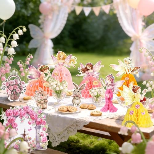 SUNBEAUTY Fairy Birthday Party Decorations Fairy First Centerpieces for Tables 3D Fairies Honeycomb Centerpieces with Rabbits Enchanted Party Table Topper for Spring Garden Woodland Forest Birthday