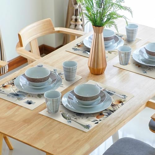 Floral Placemats Set of 4 18x12 Inch Spring Summer Brown and Blue Flowers Linen Place Mats Heat-Resistant Washable Wipeable Wildflowers Table Mat for Party Kitchen Dining Room Dinner Table Decor