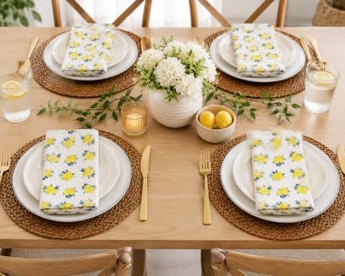 TARAN LIVING Printed Cotton Cloth Napkins Fall Dinner Napkin Set Reusable Machine Washable Fabric for Gifting, House Party Events, Home Decor, Craft - 18"x18" - Set of 4 - Lemon Print