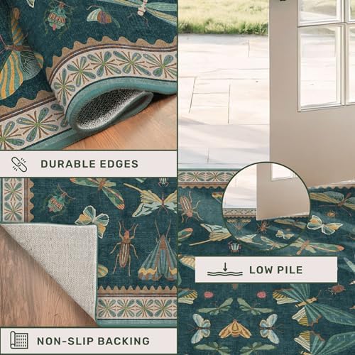 Teal Boho 4ft Round Area Rug, Washable Non Slip Insect & Floral Carpet for Entryway, Living Room & Kitchen, Soft Low