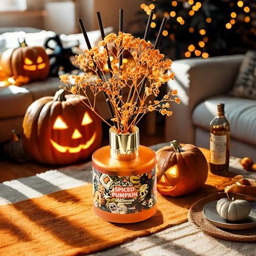Airkeep Halloween Reed Diffuser Set,3.38 fl oz (100 ml) - Spiced Pumpkin Oil Diffusers with 8 Reed Sticks, Home