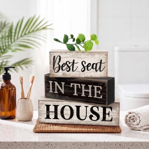 Moucuny 4 Pcs Bathroom Shelf Decor Sign Best Seat In The House Wooden Block