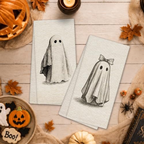 Neutral Halloween Ghost Kitchen Towels, Rustic Farmhouse Halloween Hand Towels for Bathroom Decor, Cute Spooky Ghost Dishcloths Dish Towel for Kitchen 16x24 Inches Set of 2