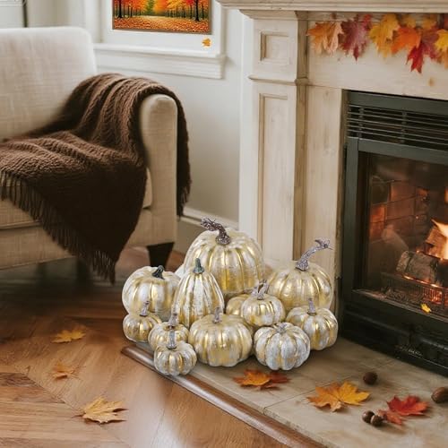 winemana 12 Pcs Pumpkin Fall Decorations, Golden Artificial Pumpkins
