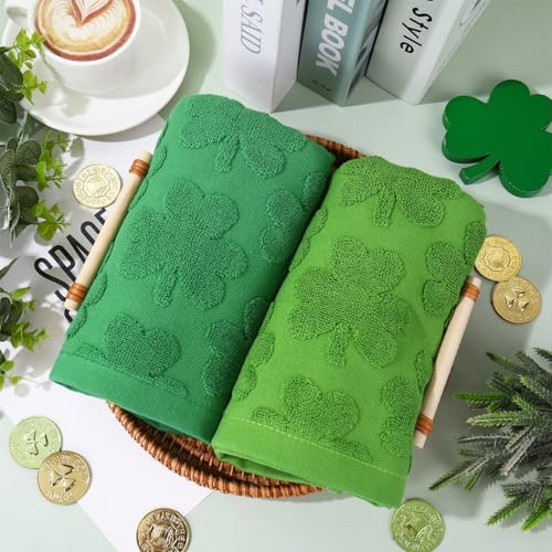 Whaline 3 Pcs St. Patrick's Day Hand Towel 3D Jacquard Cotton Towel Absorbent Green Shamrock Clover Dish Towels for Irish Holiday Kitchen Bathroom, 13.8 x 29.5 Inch
