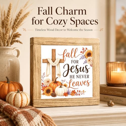 Christian Fall Wood Sign, Fall for Jesus Cross Pumpkin Tabletop Decor