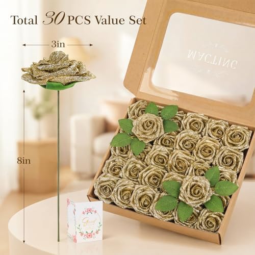 30PCS Gold Glitter Artificial Roses with Stems, Real Touch Foam Flowers