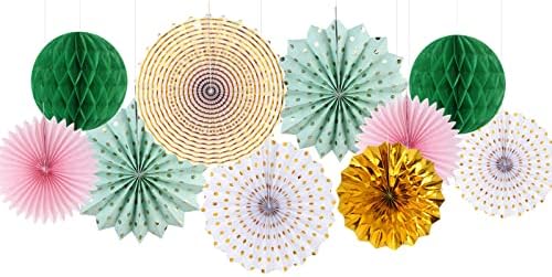 Sage-Green Pink Gold Party-Decorations - 33pcs Kits Tissue Pom Poms Honeycomb,Banner,Streamers Tassel Garland,Paper Lantern Fans, Wedding Engagement Bachelorette Birthday Baby Bridal Shower Hugtmr