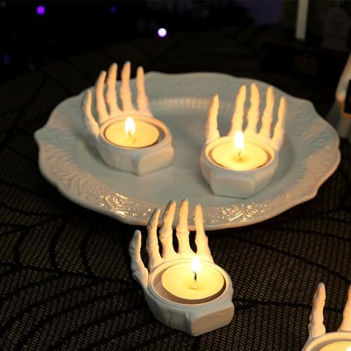 FORUP 6 Pack Skeleton Hand Tea Light Candle Holders, Halloween Candle Holder, Halloween Home Table Decoration, Dia.1.57", White