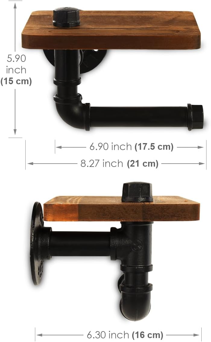 Industrial Pipe Wall Mounted Toilet Paper Holder with Shelf - Rustic Wood and Metal Bathroom Tissue Roll Holder
