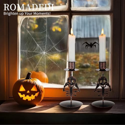 Romadedi Candle Holder for Halloween Decor: Set of 2 Black Gothic Skull Taper Candlestick Table Centerpiece Decorations Spooky Party Dinning Room Home Indoor