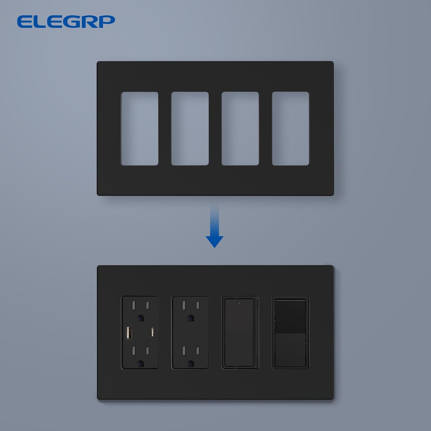 ELEGRP 4-Gang Screwless Decorative Wall Plates, Mid-Size Unbreakable Thermoplastic Faceplate Cover for Decorator