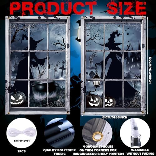 Preboun 2 Pcs Halloween Witch Window Clings Decoration Scary Halloween Window Silhouette Cover Curtain Poster for Wall Garage Door Home Indoor Outdoor Party Favors