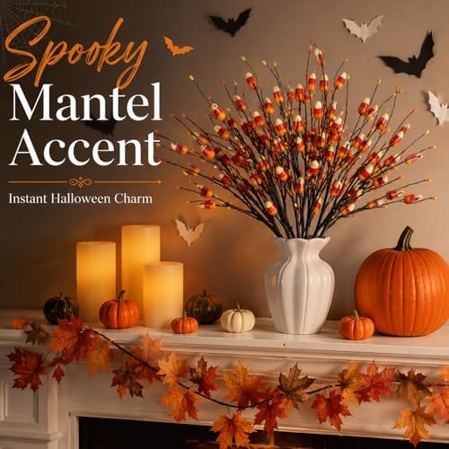 8 Pcs 20 Inch Halloween Candy Corn Artificial Stems Berry Spray with Fake Candies for Halloween Party Spooky Decoration, Faux Twigs and Branches for Vases Arrangement for Fall Season