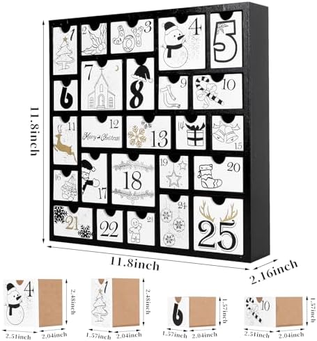 CCINEE Christmas Wooden Advent Calendar with 25 Large Drawers, Countdown to Christmas Decoration Large Size Xmas Countdown Calendar 2024 Hand Painted Refillable Advent for Holiday Decoration(Black)