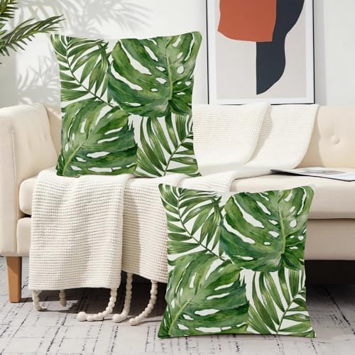 Summer Tropical Pillow Covers 18x18 Set of 2 Green Palm Leaf Decorative Throw Pillows Case Monstera Botanical Leaves Tropical Outdoor Cushion Cover for Sofa Couch Garden Home Decor