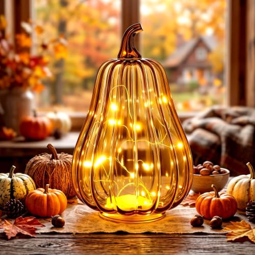 Glooglitter Mercury Glass Pumpkin Light LED Fall Lamp, Gourd, Amber, Middle