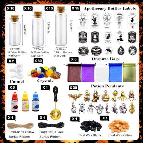 Ainswei Halloween Decorations Indoor,135Pcs Potion Bottles Halloween Decor,Witch Halloween Decorations with Stone,Apothecary Witch Lables Decoration For Home Room Party Supplies