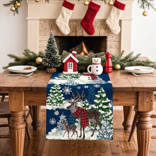 Artscope Reindeer Snowman Christmas Tree Table Runner, Xmas Winter Snowflakes Holiday Kitchen Dining Table Decoration for Christmas Home Party Decor 13x36 Inch-Blue