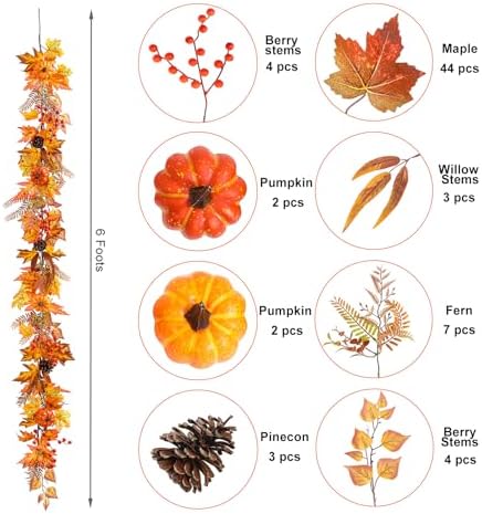 6ft Fall Maple Leaves Garland with Fern, Willow Stems, Berry, Pumpkins, pinecones. Artificial Autumn Harvest Garland for Festivals, Thanksgiving, Halloween, Fireplace Porch Indoor Outdoor Decoration