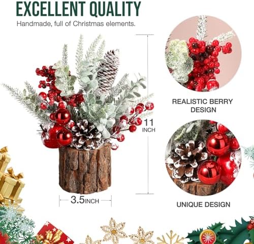Hatisan Small Christmas Tree with Christmas Ornaments Pine Cone Berry, Tabletop Artificial Christmas Tree for Christmas Decorations Home Room Party Winter Indoor Outdoor(2 Pack Red-Round)