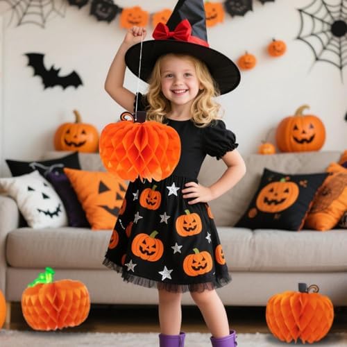 12 Pcs 10 Inch Hanging Pumpkin Shaped Honeycomb Centerpiece with String, Large Autumn Tissue Ball Table Decoration for Halloween Thanksgiving Party Supplies