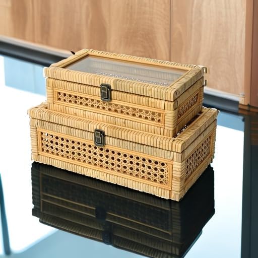 Cane Stacking Boxes / 14.1 x 8.2 x 5.1 / Rattan / Set of 2
