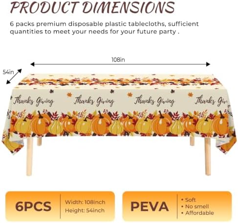 6 Pack Thanksgiving Pumpkin Disposable Plastic Tablecloth 54" x 108" Autumn Party Table Cloths Disposable for Thanksgiving Party Decorations Indoor or Outdoor Birthdays Buffet Table