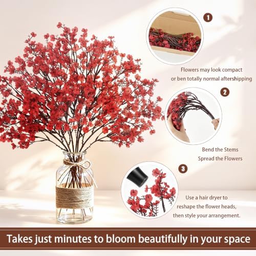 Uieke 6 Pcs Babys Breath Artificial Flowers Bulk Silk Red Faux Flowers Real Touch Gypsophila Bouquet for Christmas Halloween Home Wedding Decoration