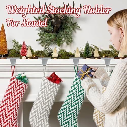 HMASYO Christmas Stocking Holders for Mantle Set of 4, Silver Heavy Duty Iron Stocking Hangers Base, Low Profile Weighted Stocking Holder Hooks for Fireplace Tabletop Shelf Christmas Decoration