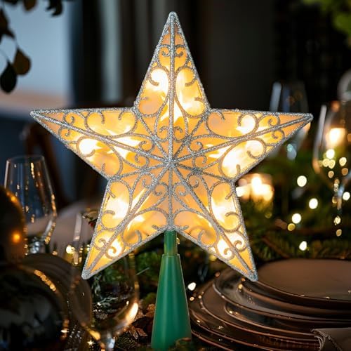 Dazzle Bright 11 Inch Star Tree Topper, Lighted Glitter Christmas Treetop with 10 Lights, Christmas Decorations for Xmas Tree Home Bar Shop (Silver)