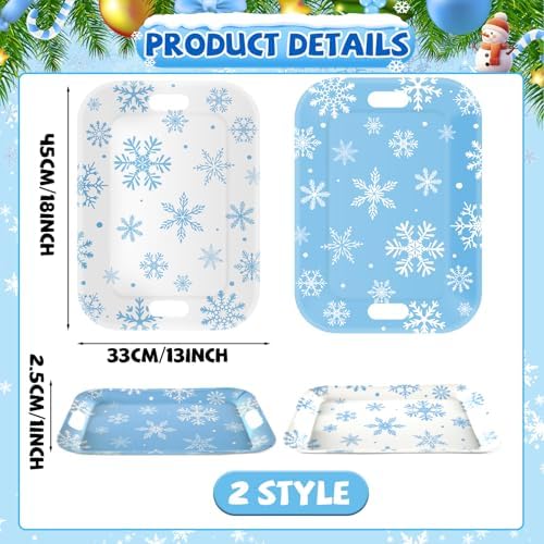 2Pcs Winter Serving Trays 16×11 inch Large Melamine Snowflake Trays Platters with Handles Rectangular Snowflake Tray Set Blue White Rectangular Serving Dishes for Winter Birthday Party Decorations