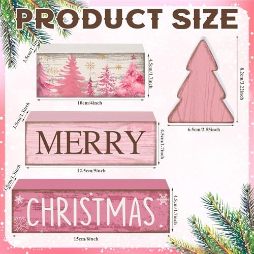 Lineshading 4 Pcs Wooden Merry Christmas Block Signs Pink Farmhouse Decor
